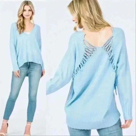 POWDER BLUE LACE BACK SWEATER Top - Picture 1 of 3